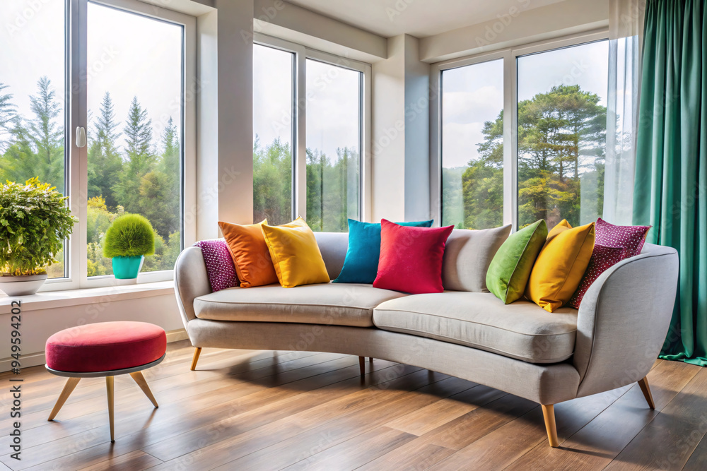 Poster a light gray curved sofa adorned with colorful, multicolored pillows sits by large windows with view