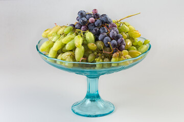 White and blue grape clusters on vintage vase on black