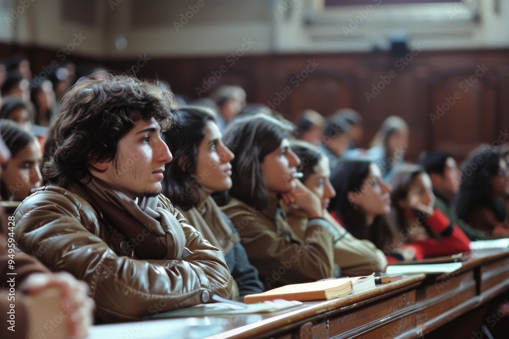 Poster students listening to a lecture in a crowded lecture hall, students attending a lecture in a classro