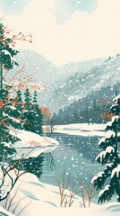 Rural snowy lakeside illustration poster background