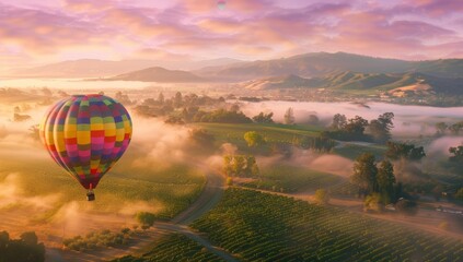 Hot Air Balloon Soaring Above a Foggy Vineyard Landscape at Sunrise