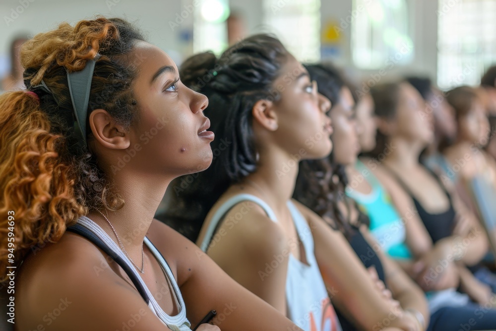Poster women sitting closely next to each other in a group setting, engaged in a shared activity, students 