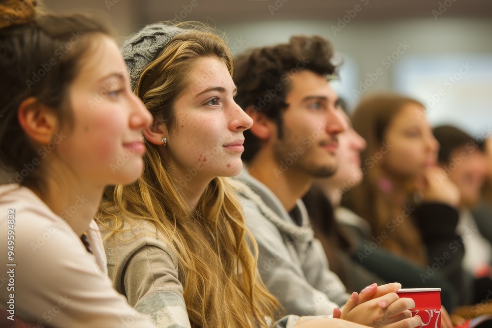 Poster a diverse group of students sitting next to each other attentively during a lecture in a classroom, 