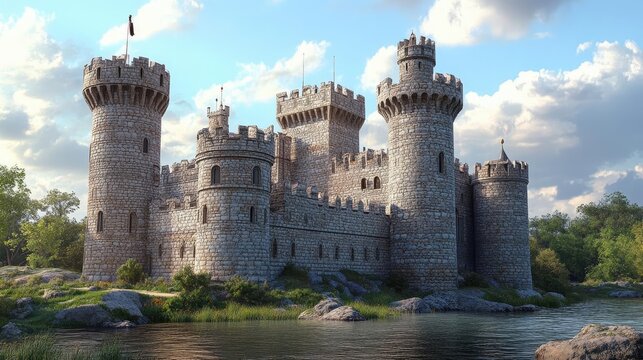 Classic European castle with battlements, towers, and a moat, 3D model