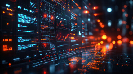 Obraz premium A business presentation being delivered virtually, with data and graphs floating in a digital space, representing the shift towards digital business environments.