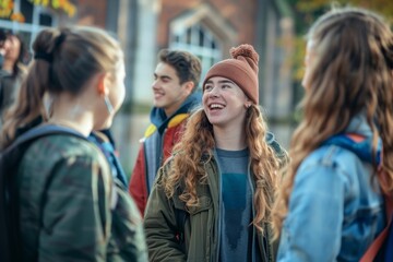A group of young students standing in a circle outside the school, chatting excitedly, Students gathering outside the school, chatting excitedly
