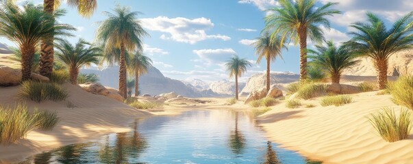 Fototapeta premium Desert oasis, palm trees, a reflective water pool, and shifting sands, 3D game design