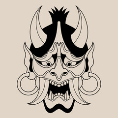 Hand drawn traditional tattoo of a Japanese oni mask outline 36