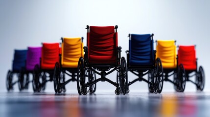 A vibrant row of colorful wheelchairs showcasing accessibility and inclusivity in a modern design.