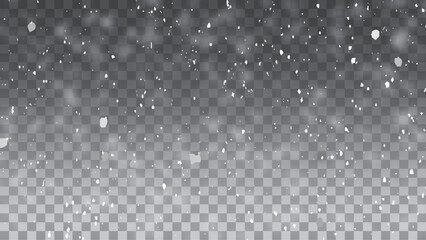 Vector falling snow overlay. Realistic shining snowfall background. Realistic falling snowflakes. Isolated on transparent background. Vector illustration