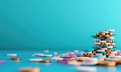 Fototapeta premium Colorful coins stacked against a bright blue background, symbolizing wealth and prosperity, with scattered coins around them.