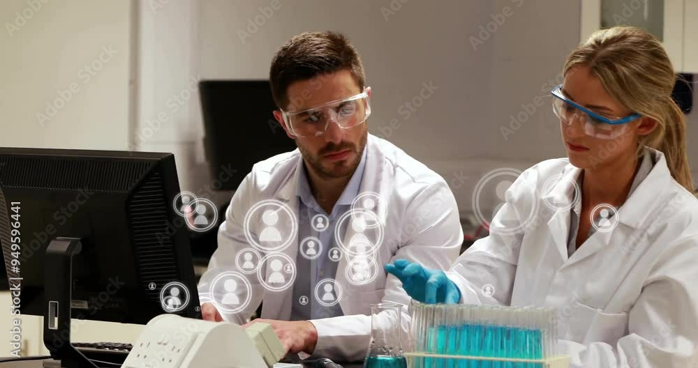 Poster working with computer and test tubes, scientists in lab coats analyzing data animation
