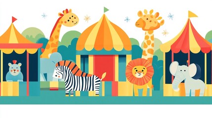 Playful vector of a zoo with animals like elephants lions and zebras in colorful enclosures