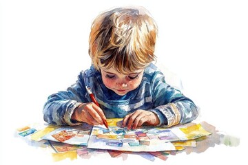 A watercolor painting of a young child concentrating on assembling colorful jigsaw puzzle pieces on a flat surface.