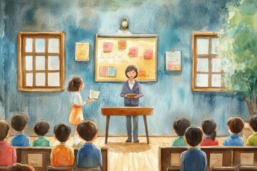 A watercolor painting depicting a classroom scene where a teacher stands at the front and a student reads from a book. 