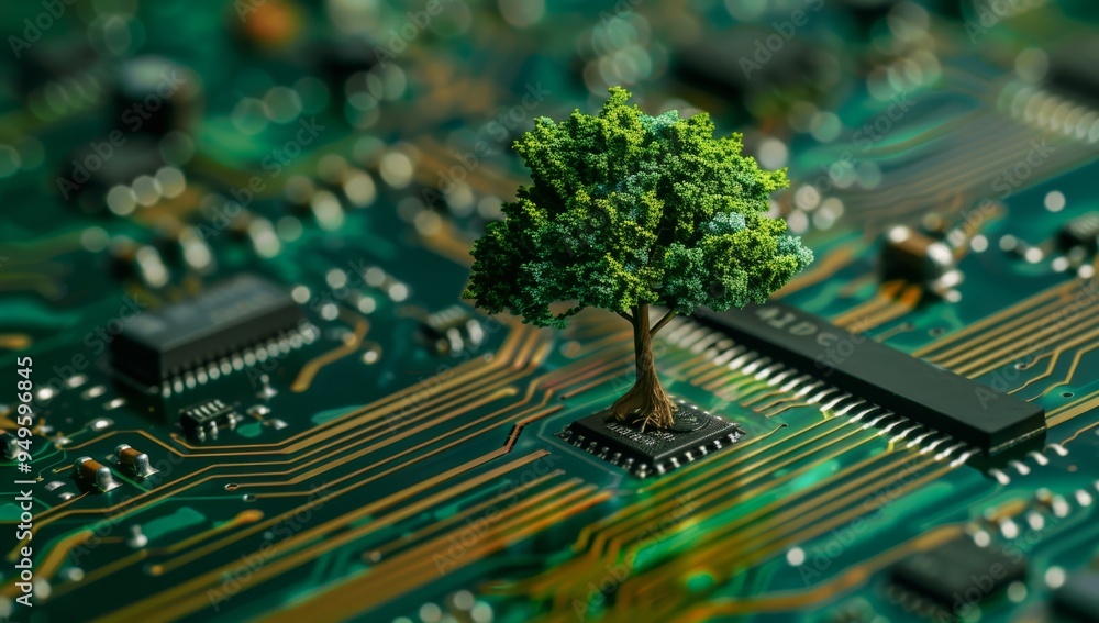 Aufkleber a miniature tree growing from a circuit board chip.