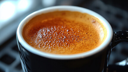 A close-up of a cup of Arabica coffee with crema on top, showcasing the richness and quality of the brew, perfect for coffee connoisseurs.