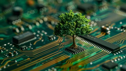 Obraz premium A miniature tree growing from a circuit board chip.