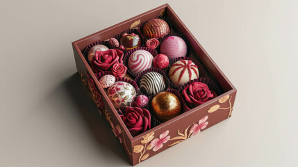 A beautifully crafted box contains an assortment of designer chocolates, each intricately decorated and placed in individual compartments, perfect for a luxurious gift.

