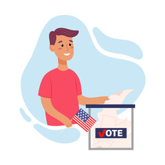 Voting. A young men gives her vote in the election. Election campaign. Men at the voting. A conceptual illustration in a flat style.