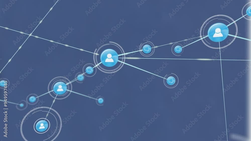 Poster network of connected user icons and data points animation over blue background