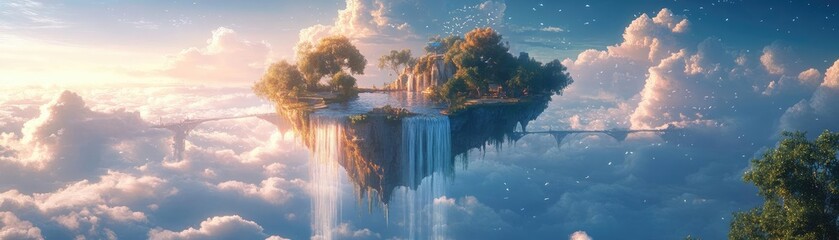 Fantasy floating island, waterfalls flowing into the sky, ethereal bridges, and magical creatures, 3D game design
