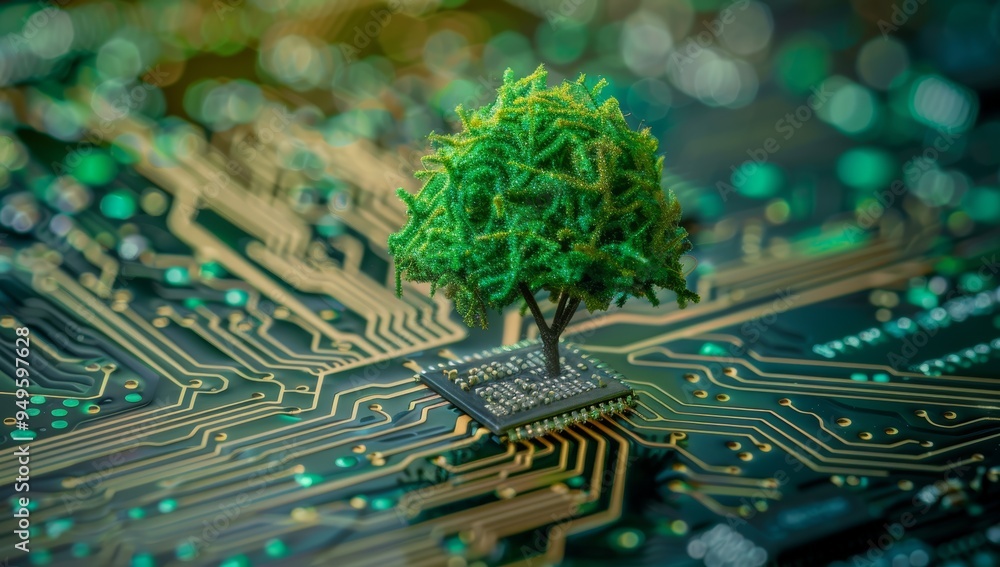 Poster a miniature tree growing from a microchip on a circuit board