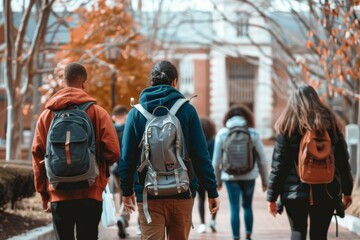 Obraz premium Students carrying backpacks walking down city sidewalk on their way to class, Students walking to class with backpacks