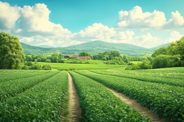 Naklejka premium Organic farm landscape with rich green crops and picturesque scenery in a dynamic digital illustration