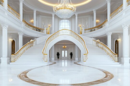 grand entryway featuring a double staircase, crystal chandeliers, and marble flooring