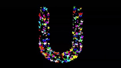 Beautiful illustration of English alphabet U with colorful butterflies on plain black background