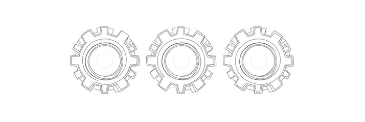 One continuous line illustration of gears wheels. Three cogwheels in lineart style. Editable stroke. Symbol of teamwork, development, logo, emblem. Creative concept of business teamwork. Vector