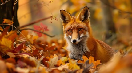 A fox in the forest with autumn leaves