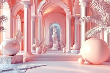 abstract surreal indoor landscape with exotic plants, greek roman architecture, columns and arcs and rounded balls, pink palette colors