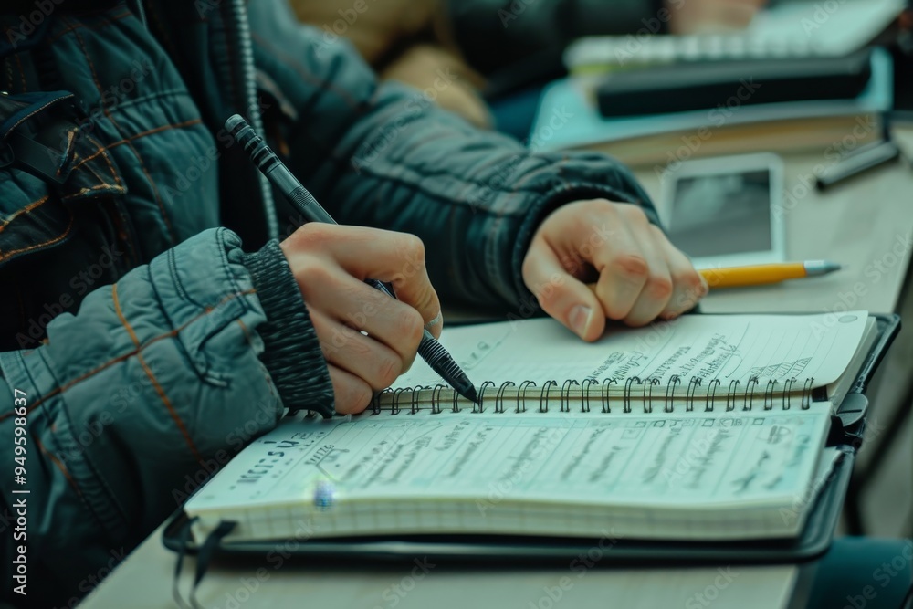 Poster a student is writing notes on a spiral notebook using a pen, student taking notes in a spiral notebo