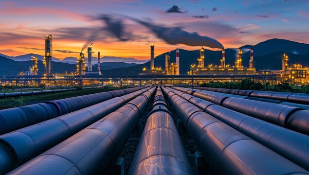 Industrial Pipes Leading Towards Illuminated Refinery at Dusk