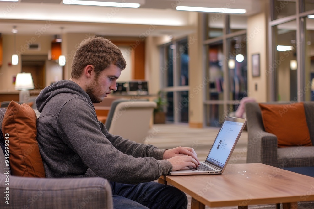 Poster a man is sitting on a couch and using a laptop computer, student typing on a laptop in a study loung