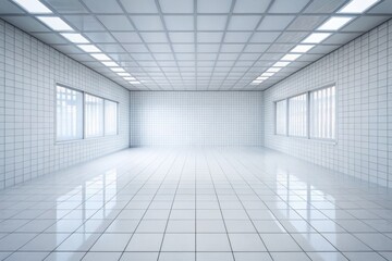 Fototapeta premium A clean and bright white square tiled room stands vacant, its polished surfaces reflecting nothing but the faintest hint of color.
