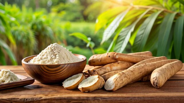 Cassava Flour and Roots on Wooden Table.