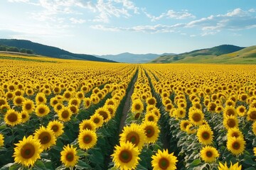 Rows of Sunflowers Leading to Distant Hills © talkative.studio