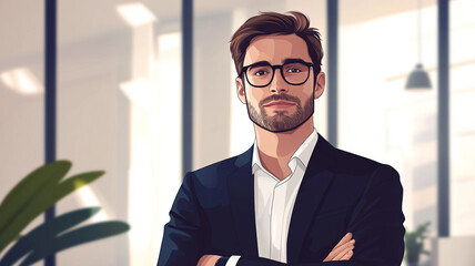 Fototapeta premium A confident young professional in a suit stands in a modern office during daylight, showcasing a calm and assured demeanor