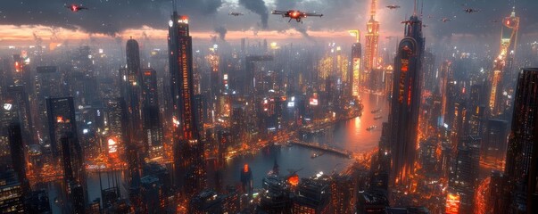 Naklejka premium Modern city skyline at night, illuminated skyscrapers, flying drones, and bustling traffic, 3D game design