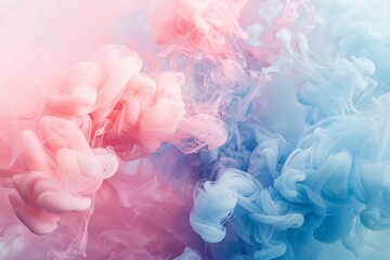 Colored smokes in pink and blue hues blend in the air, Subtle gradients of pink and blue ink blending and evolving in a soft gradient