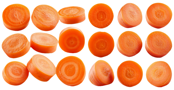 Fresh carrot slices isolated on transparent background great for cooking and salad designs