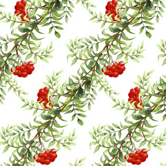 Red berries on green leaves.Vector pattern with bunches of red berries and green leaves on a transparent background.