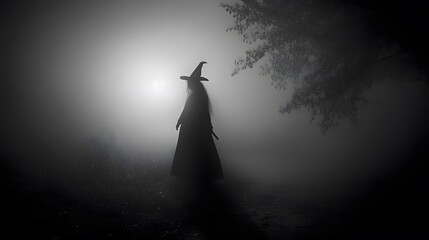 Fototapeta premium A spooky, foggy night with a silhouette of a witch