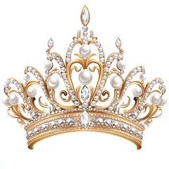 A princess tiara clipart, royal accessory, flat design, with diamonds and pearls, isolated on white background