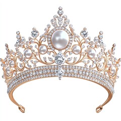 A princess tiara clipart, royal accessory, flat design, with diamonds and pearls, isolated on white background