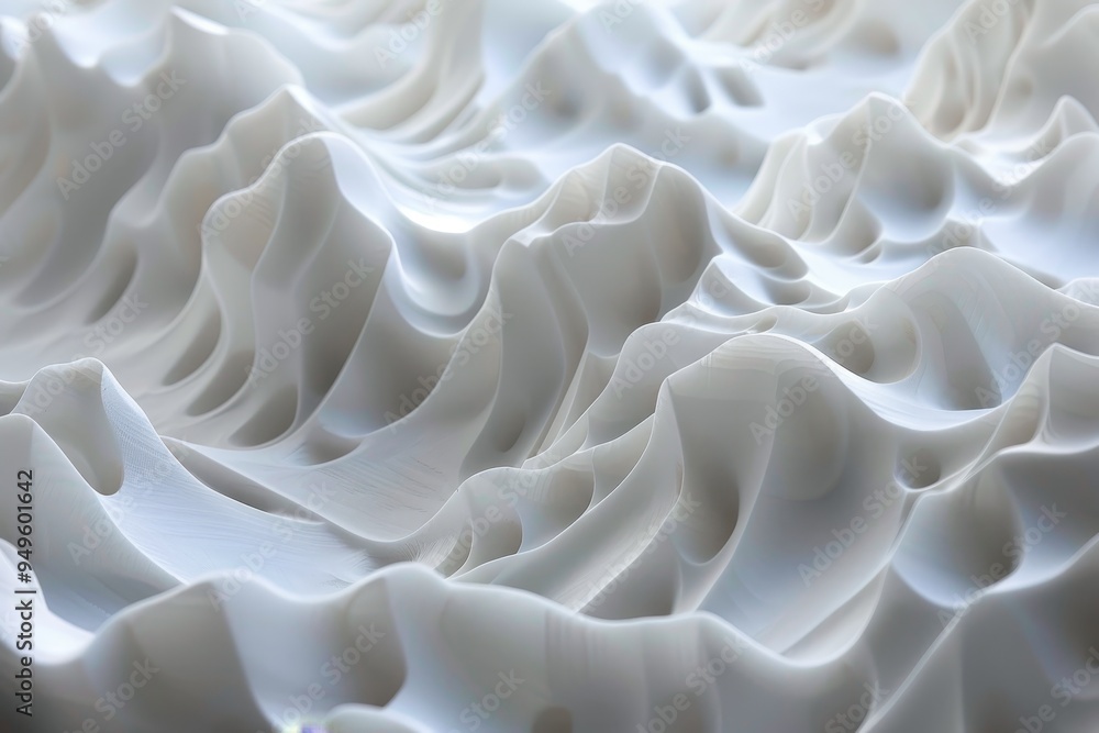 Poster detailed view of a textured and undulating white surface, subtle gradients of white blending seamles