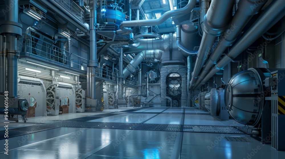 Poster Futuristic industrial interior with pipes, machinery, and a sleek design.